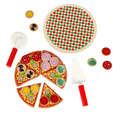 Set pizza cu ingrediente velcro, farfurie si accesorii - jucarie Montessori pentru copii, lemn